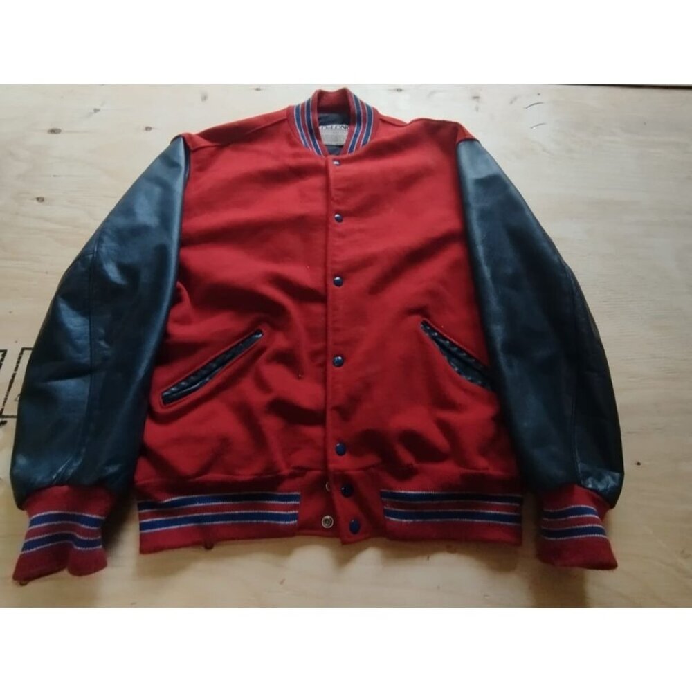 Vintage DeLong Varsity Jacket Mens 2XL Red Wool Black Leather Sleeves Made in US